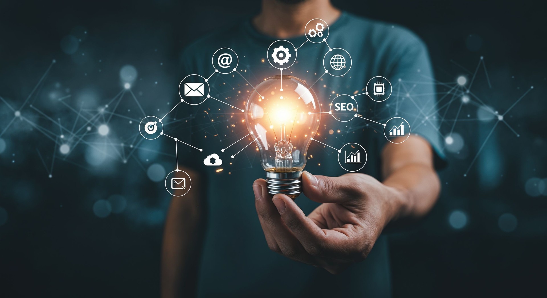 Glowing Light Bulb in Hand with Digital Marketing Icons on Blue Tech Background