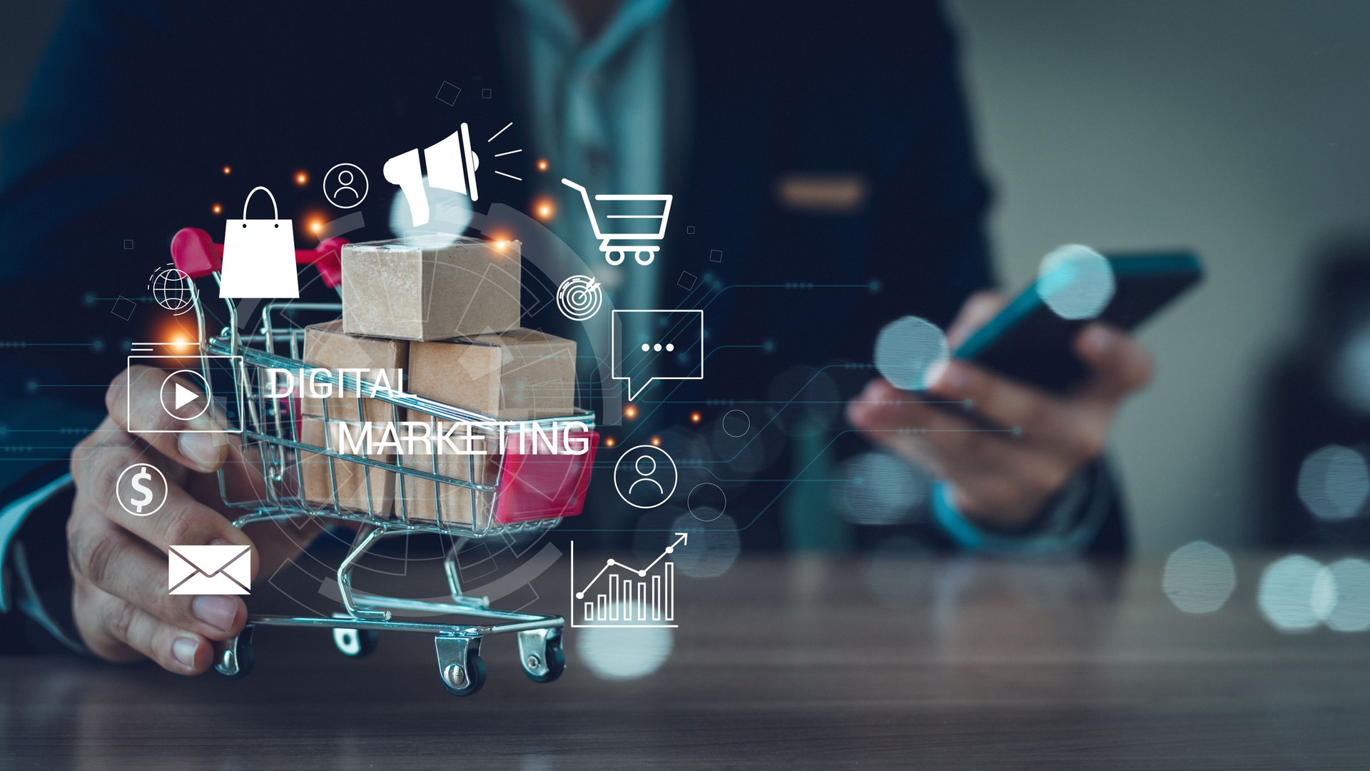 Digital marketing media (website ad, email, social network, SEO, video, mobile app) Businessman uses laptop to do online marketing to attract customers ,Merchant marketing attracts customers.